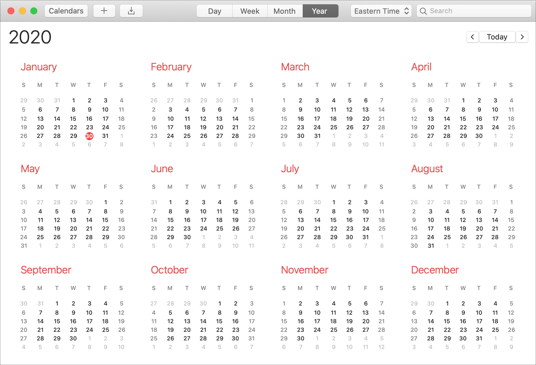 set calendar sunday through saturday for a mac